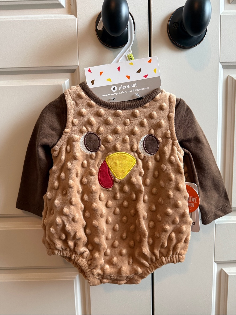 Baby Thanksgiving Romper in Brown and Tan with Embroidered Turkey Face